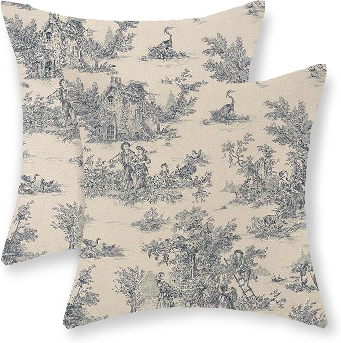 Blue Toile Pillow Covers 18x18 Inch Set of 2 Vintage French Country Throw Pillows Outdoor French Country Decorative Pillow Cases Rustic Linen Decor Farmhouse Cushion Case for Couch Bedroom