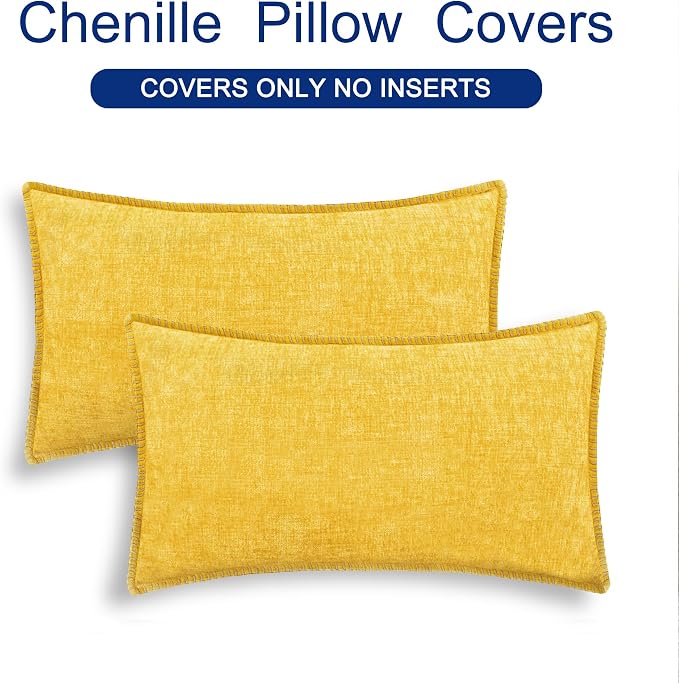 CaliTime Decorative Throw Pillow Covers 20 X 12 Inches Mustard Yellow | Pack of 2, Cozy Chenille Cushion Cases, Cotton Thread Stitching Edges, for Couch Sofa Bed Living Room Farmhouse