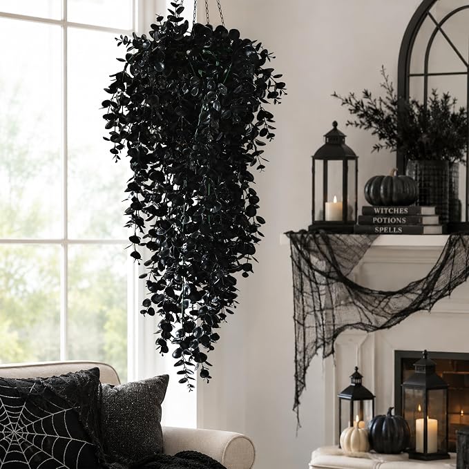 Waipfaru 4Pcs Artificial Hanging Plants, Black Halloween Wall Decor | Fake Plants Eucalyptus Leaves for Outdoors UV Resistant Plants Outdoor Indoor Bedroom Living Room Porch Shelf Decor