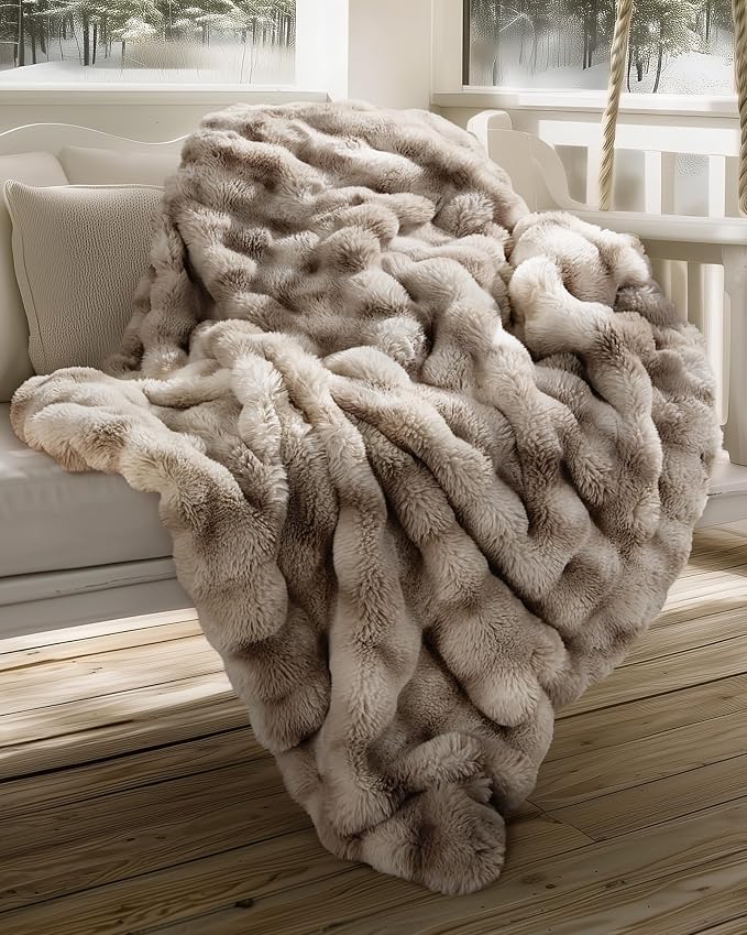 Ultra Soft Cozy Faux Fur Throw Blanket, Fuzzy Plush Thick Bubble Blanket, Oversize Luxury Fluffy Blanket for Couch, Sofa, Bedroom, and Living Room,50x60 Inches,Tie-Dye Light Taupe