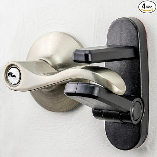 Door Lever Lock (4 Pack) Prevents Toddlers from Opening Doors. 3.25" L * 1.5" W * 4.5" H Easy One Hand Operation for Adults. Durable ABS with 3M Adhesive Backing. Simple Install (Black)