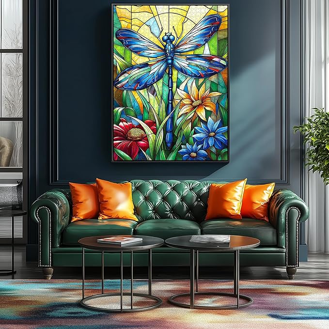 1000 Piece Jigsaw Puzzle for Adults - Stained Glass Dragonfly & Flowers Art Puzzle, 27.5x19.7 Inch Unique Hard Difficult Challenging Puzzle for Adults