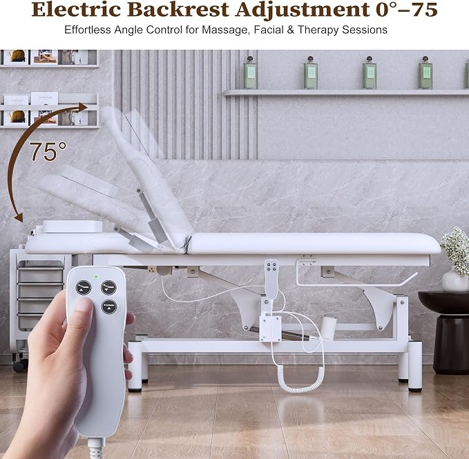Olela 2 Motor Electric Massage Table, Professional Massage Table with Electric Adjustable Height & Backrest, Wide Treatment Tables with Metal Frame, PU Leather for Massage, Spa, Tattoo