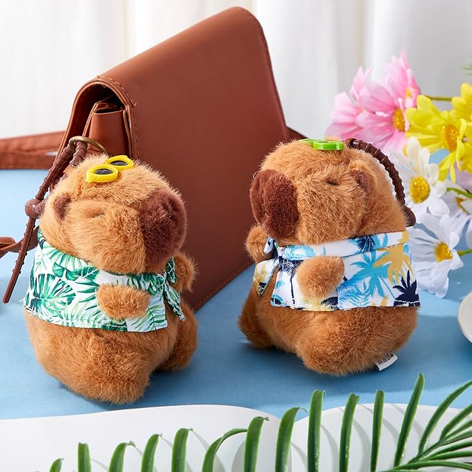 2 Pcs Capybara Plush Keychain Capybara Stuffed Animals Plush Pendant for Christmas Gifts Exchange Birthday Party(Hawaiian Shirt)