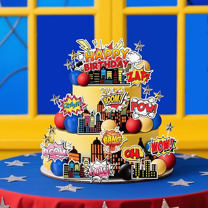46 PCS Superhero Cake Topper - Happy Birthday Decorations for Hero Themed Party Supplies - City Cake Decor (blue)