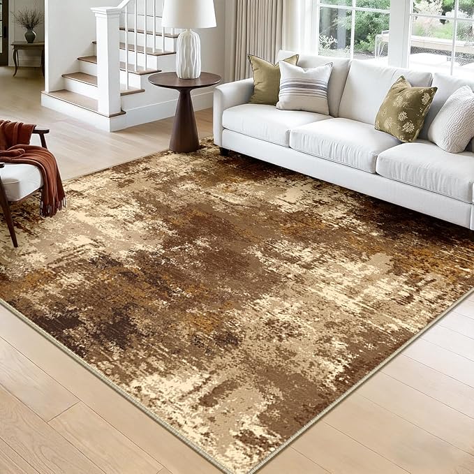 RELEANY Washable Square 8'x8' Area Rug for Living Room Brown Tan | carpet for bedroom, kitchen, office, hallway and entryway, printed pattern, non-slip, soft, stain-resistant, easy to clean
