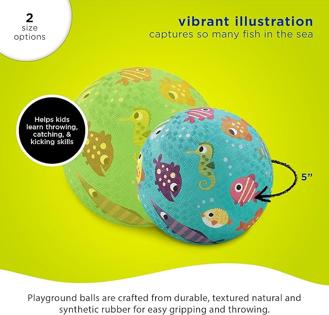 Crocodile Creek Playground Ball - Durable Rubber Ball for Kids Ages 3 and Up - Bouncy Inflatable Ball for Kickball, Indoor Games, and Outdoor Sports - PVC-Free - Fish - 5-inch Diameter