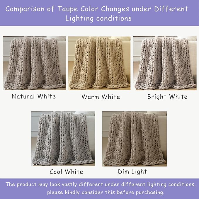 Bigacogo Chunky Knit Throw Blanket for Couch, 80x90 inches, Taupe | Hand Knit with Jumbo Chenille, Soft Breathable Cable Knit for Sofa Bed Living Room, Machine Washable, Gift for Mom Friend