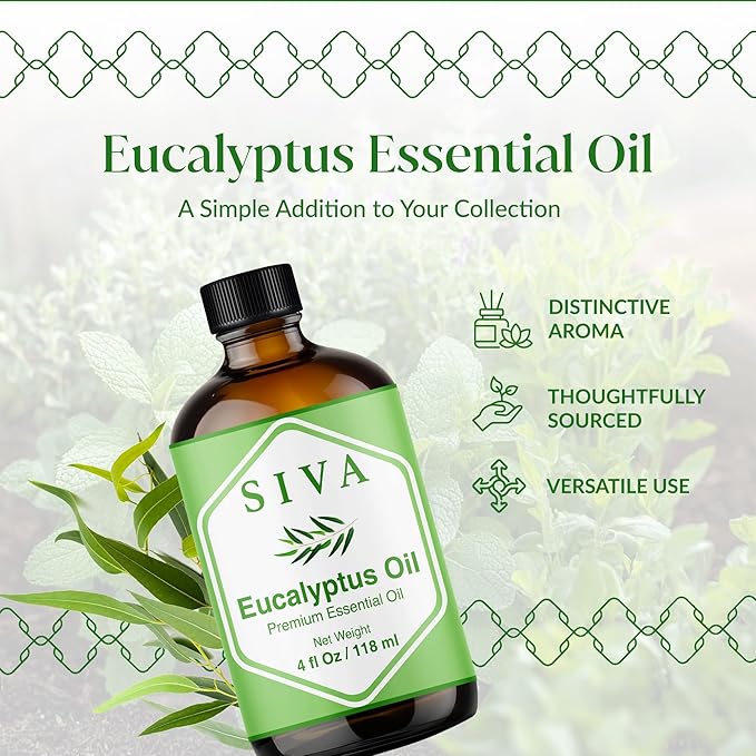 Siva Eucalyptus Essential Oil 4 Fl Oz – for Diffuser, Skin & Hair Care – Ideal for Aroma, Massage & DIY Blends- with Dropper