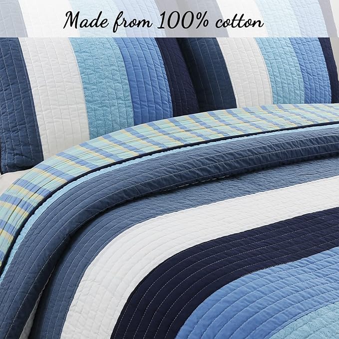 Cozy Line Home Fashions Navy Blue Striped Boy 100% Cotton Reversible Quilt Bedding Set, All-Season Coverlet Bedspread (Preston, Twin - 2 Piece)