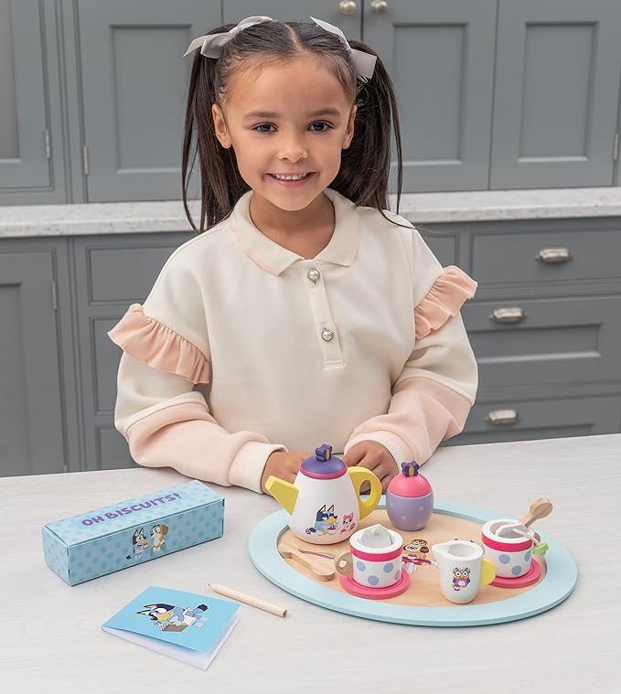 8th Wonder Bluey Toys Wooden Tea Party Set, 18-Piece Durable Toy Tea Set with Tray, Teapot, Teaspoons, and More, Pretend Play for Toddlers of Ages 3+