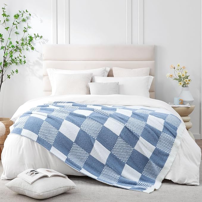 Snuggle Sac Checkered Blanket, Blue Throw Blanket for Couch Checker Microfiber Fluffy Warm Fuzzy Cozy Soft Throw Blanket Reversible Checkered Blankets for Sofa, Chair, Bed, 60x80 inches