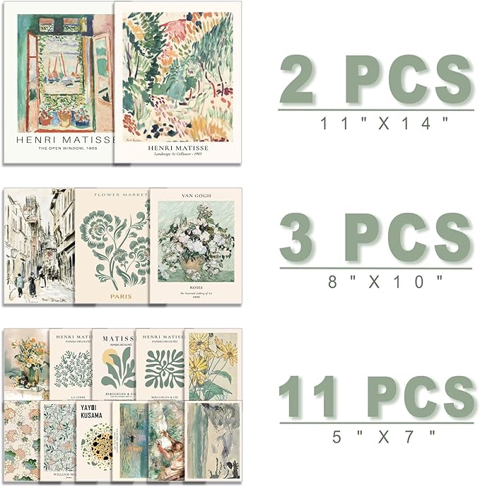 16 PCS Sage Green Wall Art Decor, Matisse Wall Prints for Bedroom, Abstract Posters for Room Aesthetic, Wall Collage Kit Pictures for Living Room, Eclectic Boho Vintage Dorm Gallery Home Decor