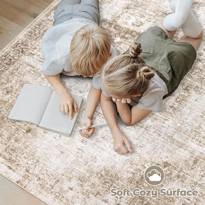 Area Rug 8x10 Washable Rug, Vintage Boho Medallion Rugs Non-Slip Soft Low Pile Large Distressed Rug Indoor Retro Carpet for Living Room Bedroom Dining Room Home Office (Brown, 8'x10')