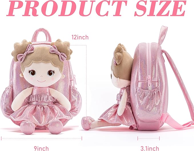 Lazada Toddler Backpack - Baby Girl Gifts Curly Fingerprints Plush Doll Dress Backpack - Fashion Girls Curly Rolled Fingerprints Series - Apricot Pink 11 Inches