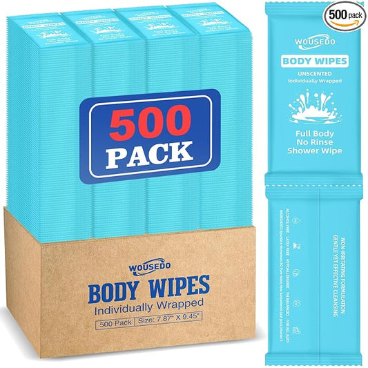 500 Pcs Ultra Thick Soft Large Body Wipes Individually Wrapped(7.87" x 9.45"),Shower Wipes for Adults Bathing No Rinse,Personal Cleansing Wipes for Travel Gym,Bulk Deodorant for Homeless(Blue)