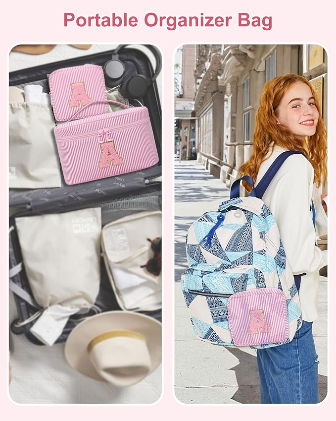MONSTINA Personalized Initial Makeup Bag with Brush Holder for Women,Monogram Make Up Case for Girlfriend Bridesmaid Wife,Birthday Gift for Her Cute Toiletry Bag,2PCS,Pink E