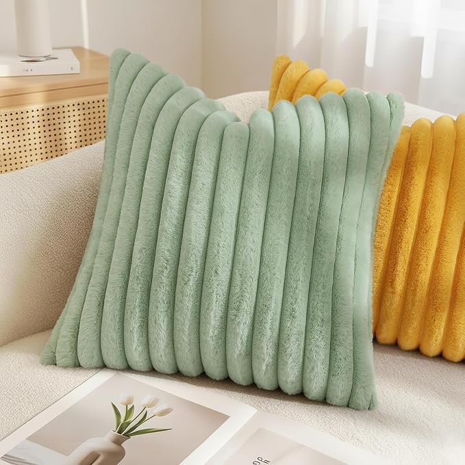 decorUhome Fall Faux Fur Throw Pillow Covers 20x20 Set of 2 Sage Green | Decorative Soft Cozy Striped Plush Modern Farmhouse Boho Couch Pillow Cases Velvet Back for Sofa Bed Living Room Home Decor