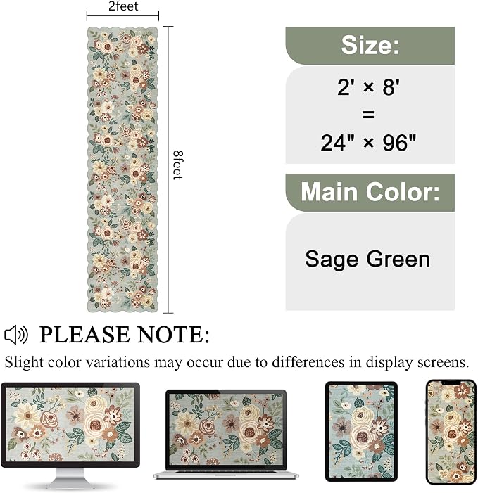 DUKINO 2x8 Washable Runner Rug, Floral Non Slip Kitchen Rugs, Sage Green | Low Pile, Soft Throw Rug Runner for Hallway, Entryway, Bedroom, Bathroom, Pet Friendly, Stain Resistant, Home Decor