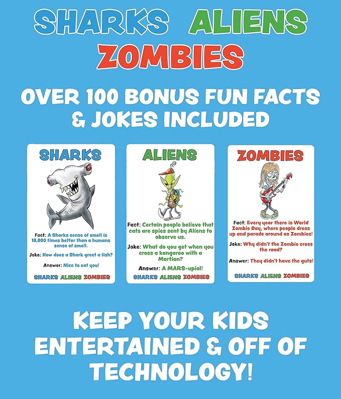 Sharks Aliens Zombies: Fun Card Game for Kids Played Like Rock Paper Scissors War for Family Game Night Gift Giving Stocking Stuffer