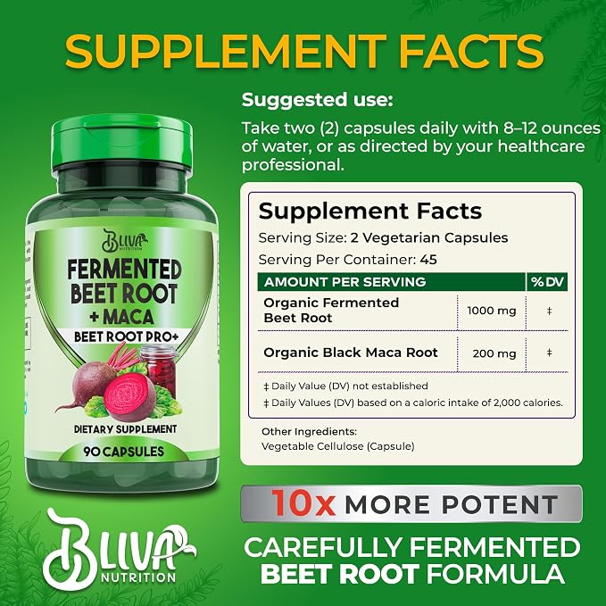 BLIVA Organic Fermented Beet Root with Maca Capsules - 1200mg - Beetroot Hight Potency Extract Powder Pills - Beets Supplements and Maca - Healthy Energy & Circulation Support Supplement - 90 Capsules