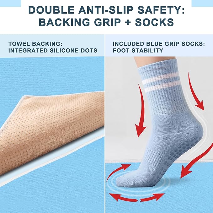 2 Pack Yoga Mat Towel with Bonus Grip Socks, Lavender Gray+Sky Blue | Elegant Embroidered, 1-Second Sweat Absorption & Non-Slip | Machine Washable Microfiber | Hot Yoga, Pilates | 73''*27.6''