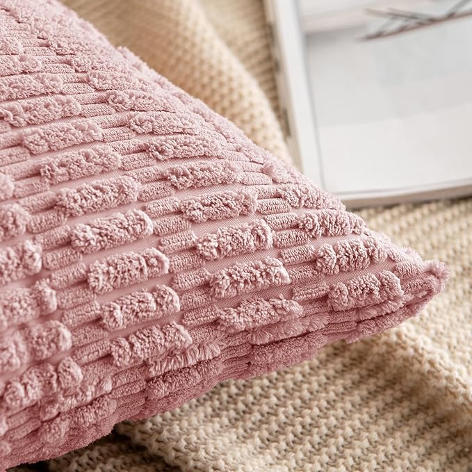 MIULEE Euro Sham Corduroy Decorative Throw Pillow Covers 24x24 Blush Pink | Pack of 2 Soft Boho Striped Pillow Covers Modern Farmhouse Home Decor For Sofa Living Room Couch Bed