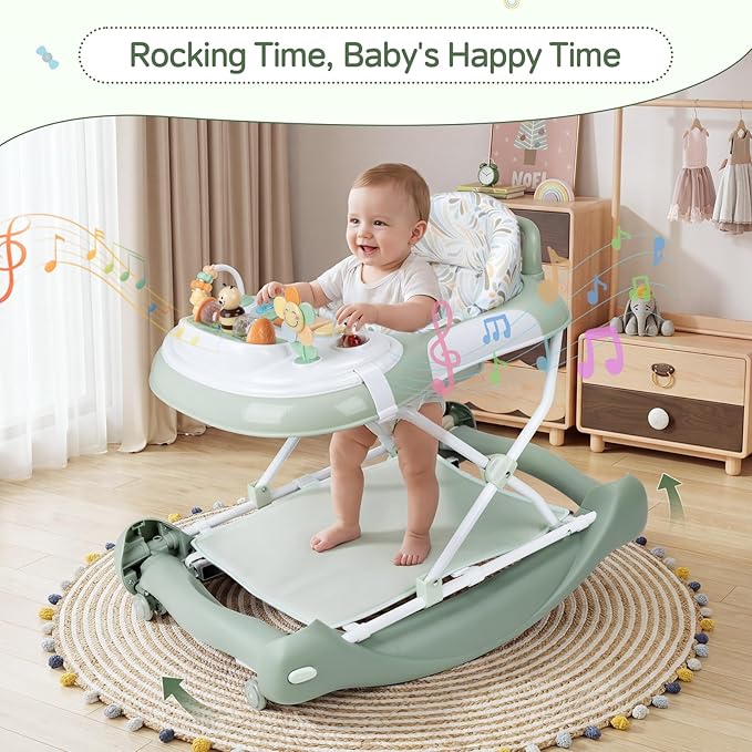 5 in 1 Baby Walker, Music and Lights Foldable Baby Walker with Wheels, 3 Adjustable Heights, with Bouncer Combo, Rocker, Activity Walker for Baby Boy and Girl 6-18 Months (Green)