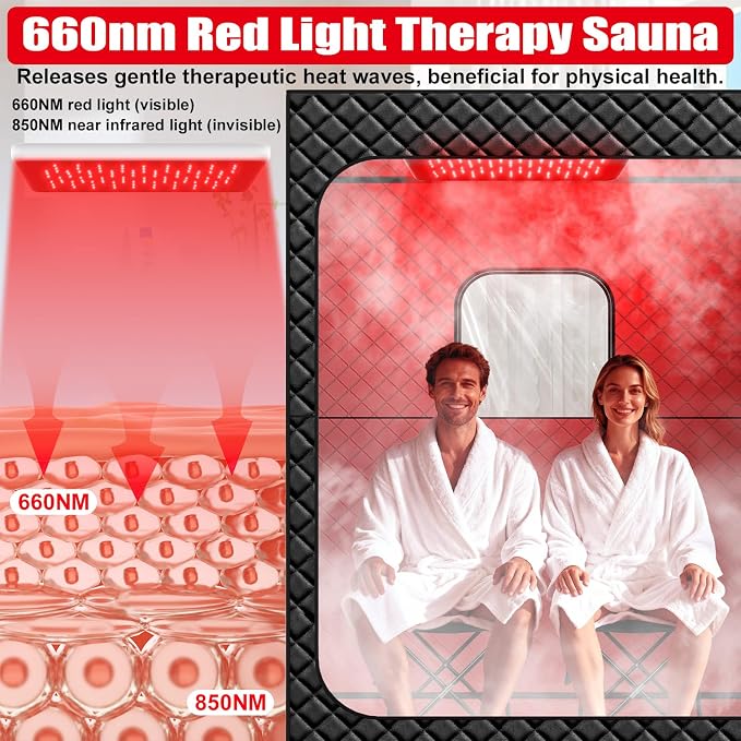 iTHERAU 2 Person Infrared Sauna Box for Home, Portable Steam Sauna Room with 660nm＆850nm Red Light Therapy Lamp, 5-Layer Waterproof, 2 Steamers, 2 Folding Chair