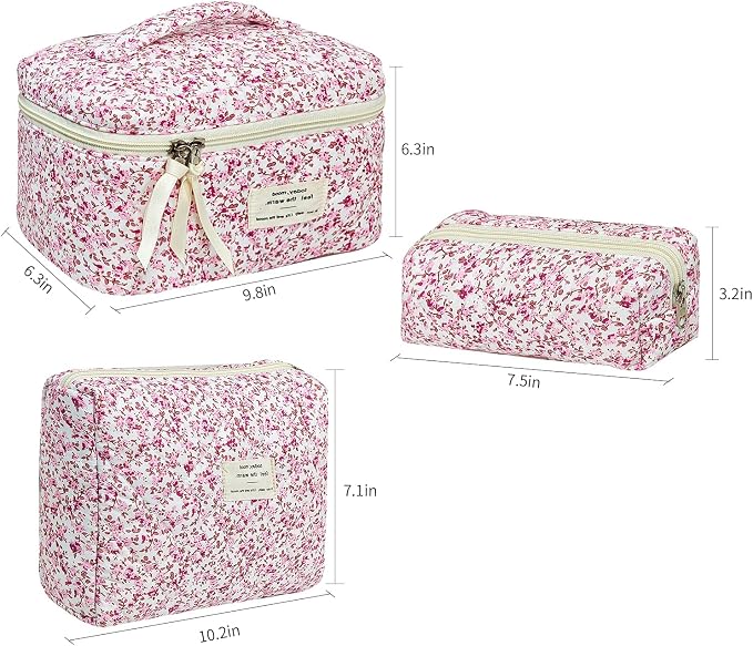 GISMTR 3Pcs Makeup Bag Cotton Quilted Travel Cosmetic Bag Cute Floral Makeup Pouch Large Toiletry Bag for Women Girls