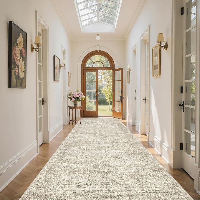 Soalmost Washable 4x10 Hallway Runner Rug Non-Slip Kitchen Entry Rugs Beige | Vintage Wide Runners for Living Dining Room Entryway, Stain Resistant Low-Pile Long Floor Carpet 10ft for Corridor Bedroom