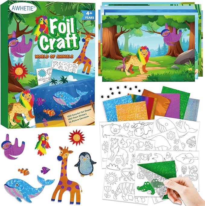 AWHETIE Animals Foil Craft for Kids,No Mess Arts Creative Activity Toys Art and Crafts for Kids,Birthday Gifts Crafts for Girls&Boys Ages 4, 5, 6, 7, 8, 9
