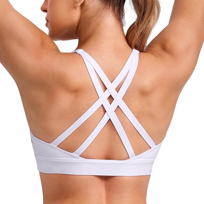 CRZ YOGA Butterlift Wide Criss Cross Straps Supportive Sports Bras for Women - Medium Impact Strappy Gym Padded Workout Top