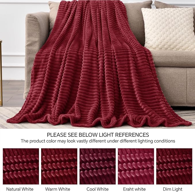 BEDELITE Ribbed Jacquard Burgundy Fleece Twin Blanket for Bed, 60x80 Inch | Soft Warm Decorative Fluffy Blanket, Cozy Plush Lightweight Fuzzy Throw Blanket for Couch Sofa Room Decor, Gift for Women