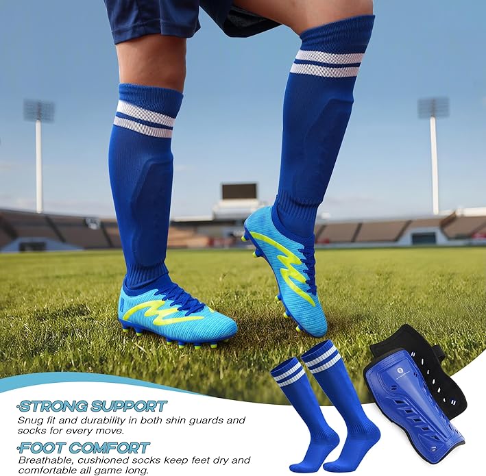 brooman Kids Firm Ground Soccer Cleats Boys Girls Football Shoes with Shin Guards and Soccer Socks