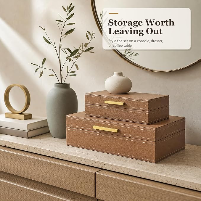 Decorative Storage Boxes with Lids, PU Faux Leather, 2 Pack, Brown | Bookshelf Home Decor Box with Gold Metal Handle, Store Photos, Documents and Memory Box Keepsakes