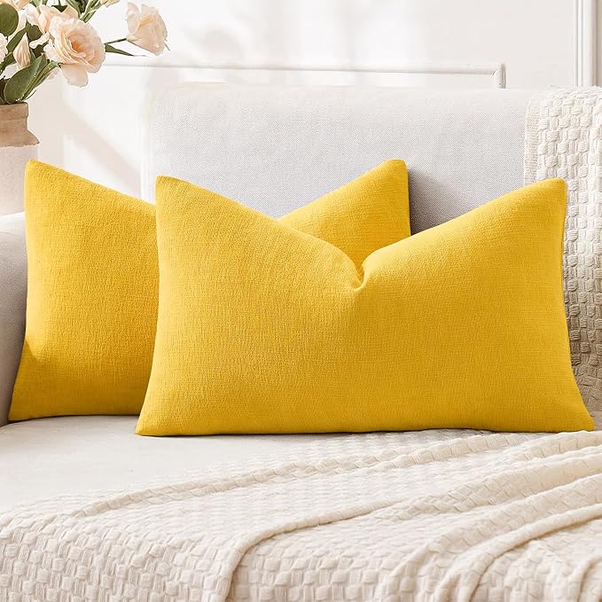 MIULEE Yellow Chenille Couch Lumbar Throw Pillow Covers, 12x20 | Set of 2, Soft Farmhouse Modern Home Decor, Decorative Pillowcases for Sofa Living Room Bed