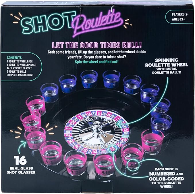 Endless Games Roulette Party Game – Spin the Wheel Tabletop Challenge for Game Night & Parties | Includes Real Glass Mini Cups & Classic Spinner Set |for 2+ Players