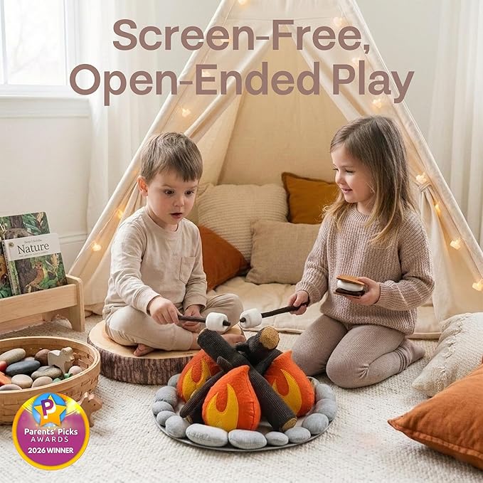 Pretend Campfire Set for Kids with S'Mores Kit & Wood Log Pillow - Soft, Safe & Durable Toy Campfire for Pretend Play & Sensory Play - Giftable Plush Felt Kids Campfire Playset for Ages 3+