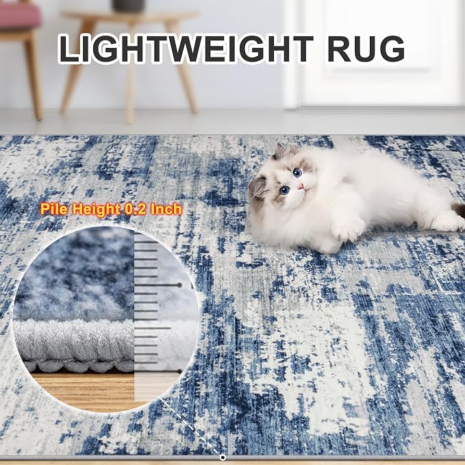 6x9 Area Rugs for Living Room - Washable Rug Modern Abstract Soft Large Neutral Non-Slip Carpet Indoor Floor Thin Carpets for Bedroom Dining Room Farmhouse Nursery Home Office Blue Gray