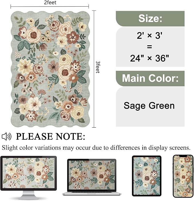 DUKINO 2x3 Rug for Entryway, Floral Door Mat Washable Rug, Sage Green | Non Slip, Low Pile, Soft Small Rugs for Kitchen, Entrance, Bedroom, Bathroom, Laundry, Pet Friendly, Non-Shedding, Home Decor