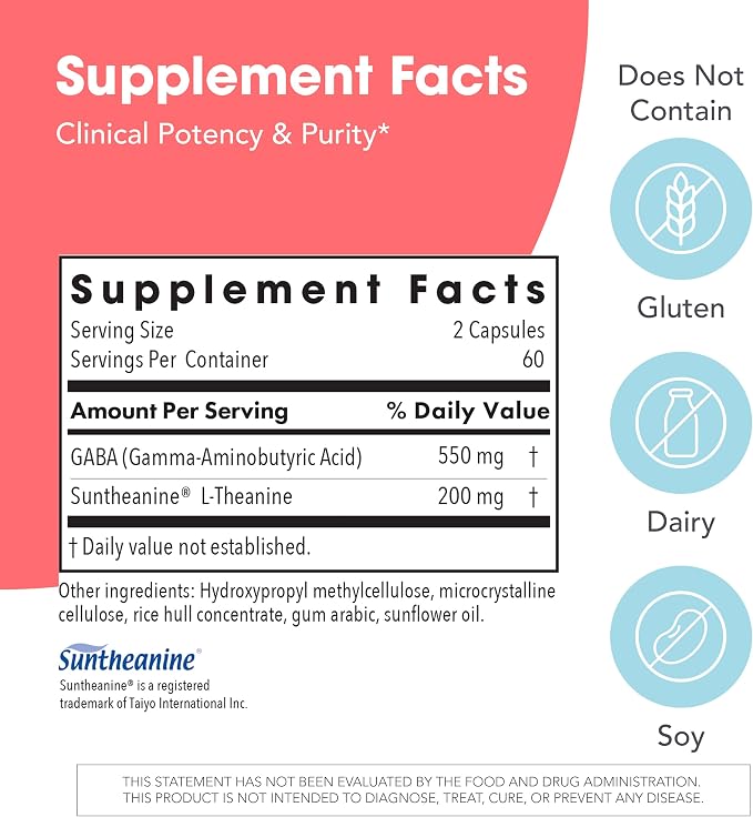 Allergy Research Group ARG 200 mg of Zen - Supports Calm and Stress Balance - Delivers 200 mg L-Theanine & 550 mg GABA per Serving - Vegetarian & Hypoallergenic - 30 Servings - 60 Capsules