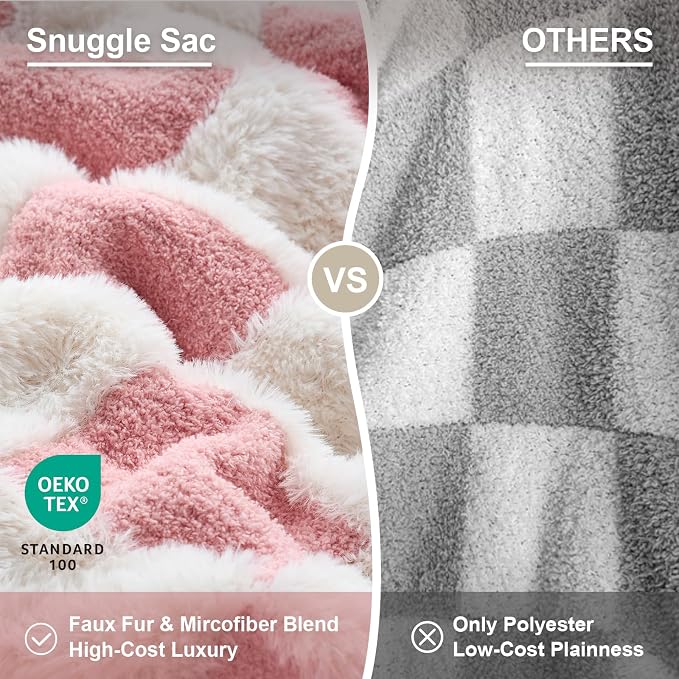 Snuggle Sac Pink Checkered Throw Blanket Faux Fur Microfiber Blankets for Couch,Cozy Soft Warm Blanket for Sofa Bedroom Living Room,Pink Checker,50x60 inches