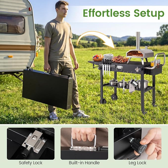 Happygrill Outdoor Grill Cart w/31” x 17” Tabletop for Blackstone Griddle | Foldable Grill Table w/Side Tray, Magnetic Tool Rack, Bottle Opener, Oil Mat, Hooks, BBQ Pizza Oven Table for Camping