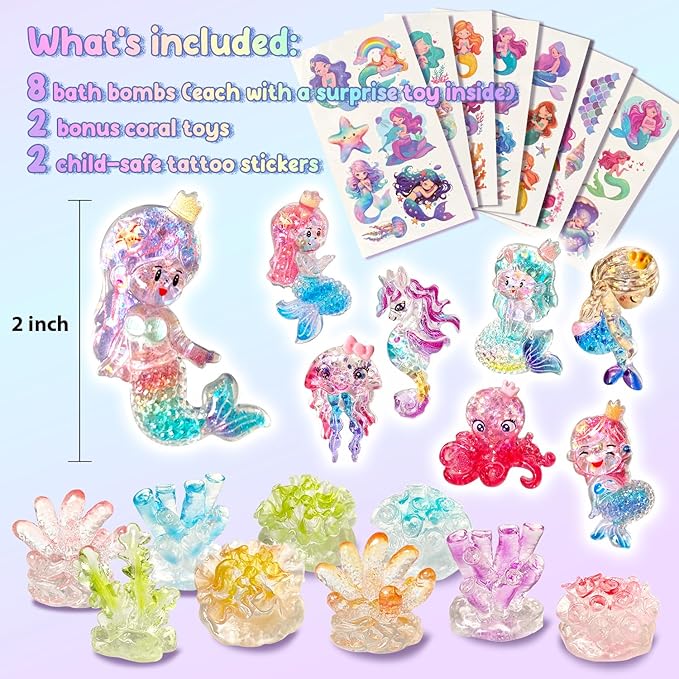 Skin-Safe Mermaid Bath Bombs for Kids with Surprise Toys Inside, 9 Extra Large Bath Salts with Calming and Long-Lasting Scent, Natural Bubble Bath Bombs for Girls Sensitive Skin