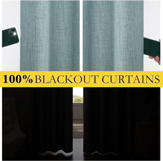 NICETOWN Skylark Blue Thick Linen Blend 100% Blackout Curtains with Grey Liners, Rod Pocket Back Tab Thermal Insulated Flax Textured Full Blackout Window Drapes for Kitchen (2 Panels, 42" W by 63" L)