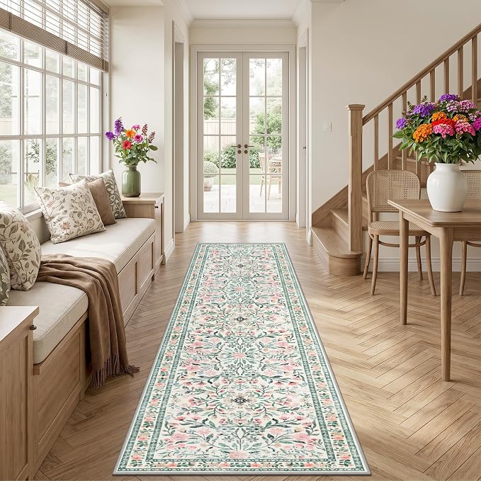 Runner Rug for Entryway: 2.6x10 Kitchen Rugs Non Slip Washable Ultra-Thin Soft Floral Carpet Indoor Floor Stain Resistant Carpets for Hallway Bedroom Kitchen Laundry Bathroom Dorm Green/Beige