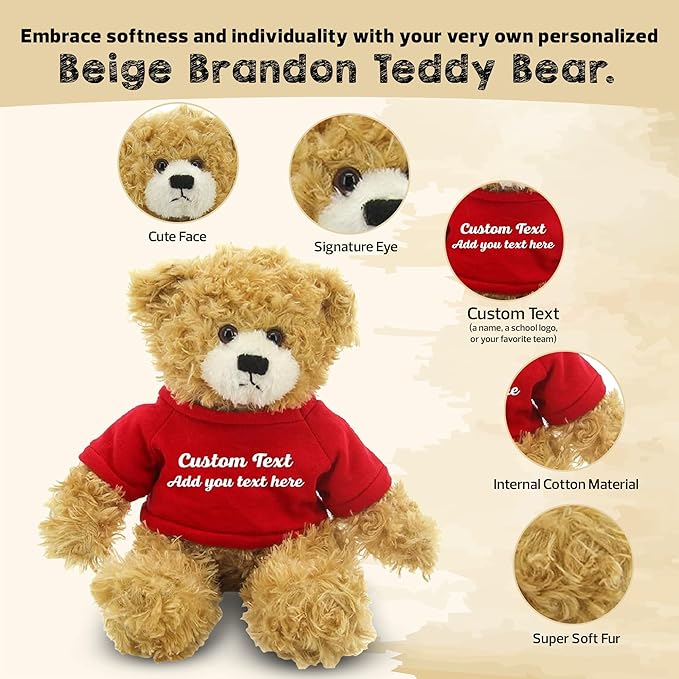 Customized Beige Brandon Bear - 12 inch Personalized Stuffed Bear Plush Toy - Perfect Custom Shirt Bear Gift for Graduation Valentines Graduation Easter Holidays (Red Shirt)