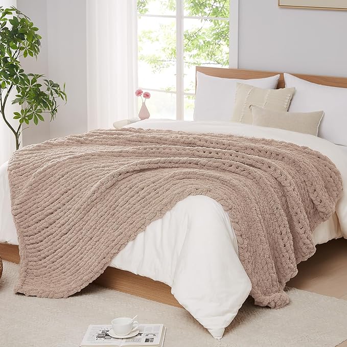 L'AGRATY Chunky Knit Throw Blanket for Couch, 50 x 70 Inches, Light Taupe | Handmade Chenille Crochet Blanket for Sofa Bed, Thick Cable Knitted Blankets for Room Home Decor, Birthday Gift for Women Mom