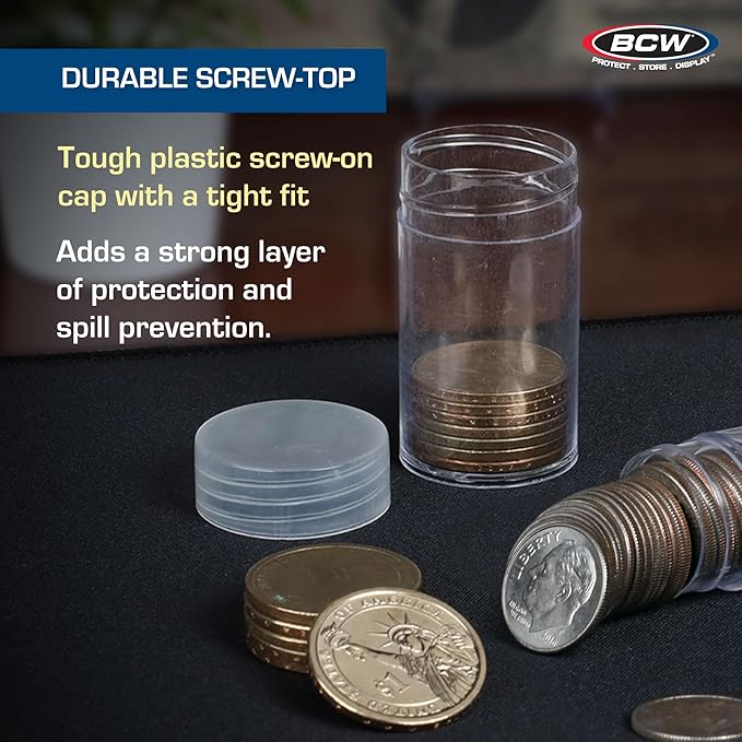 BCW Quarter Coin Storage Tubes - 10 Pack | Archival Quality Plastic Coin Holders, Screw-On Caps | Long-Term Coin Storage